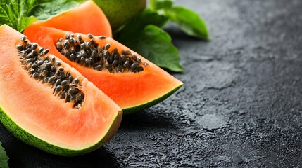 Poster - Fresh and Juicy Papaya Slices Displayed Against a Dark Textured Background : Generative AI