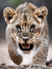 Poster - Close Up of Fierce Lion Cub Prowling with Intense Expression Signifying Strength and Survival : Generative AI