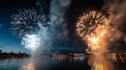 Leinwandbilder - Spectacular Fireworks Display over a City Skyline Reflected on Water Surface : Generative AI