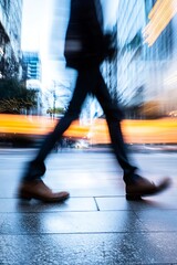 Poster - Dynamic motion blur image of a person walking on city sidewalk captured with fast shutter speed for urban lifestyle : Generative AI