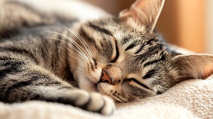 Poster - Beautiful Sleeping Cat Relaxing on Cozy Blanket Bathed in Natural Light : Generative AI