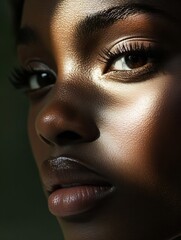 Poster - Close up of a beautiful woman showing glowing skin and natural beauty in warm light : Generative AI