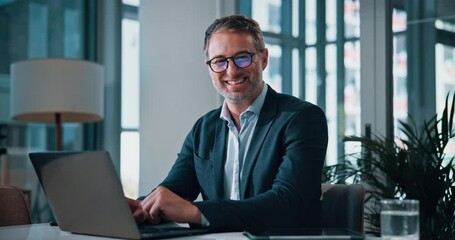 Poster - Mature man, face and happy by laptop in office with profit, review and excited for growth at financial agency. Person, investor and laugh with stock market, results and trading bonus in Australia
