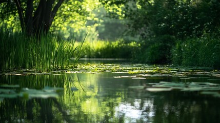 Poster - Serene Nature Scene with Lush Greenery and Reflections on Calm Water Surface : Generative AI