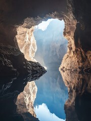Leinwandbilder - Mysterious Cave with Reflections on Still Water Surrounded by Majestic Rock Formations : Generative AI