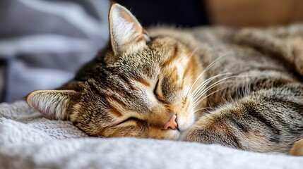 Poster - Cute tabby cat sleeping peacefully on soft blanket exuding comfort and warmth : Generative AI