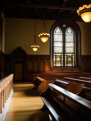 Fototapete - Elegant wooden church interior with stained glass windows and vintage lighting fixtures : Generative AI