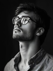 Poster - Black and white portrait of a young man with glasses gazing upwards in a thoughtful manner : Generative AI