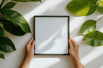 Poster - Hands holding a blank frame with green leaves on a bright surface