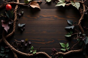 Wall Mural - Dark wood background with intricate patterns of woven vines, foliage, wood, bohemian