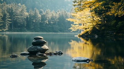 Poster - Tranquil Stacked Stones on Calm Lake Surrounded by Lush Greenery : Generative AI