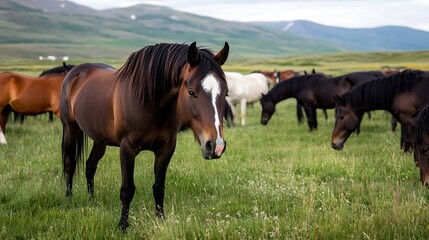 Poster - Majestic Group of Horses Grazing in Lush Green Pasture Under Bright Blue Sky : Generative AI