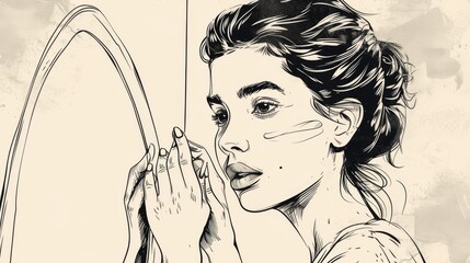 Aufkleber - A beautifully detailed monochrome digital illustration of a woman gazing into a mirror, rendered in an ink drawing style. A stylish and expressive artistic concept. AI generated.