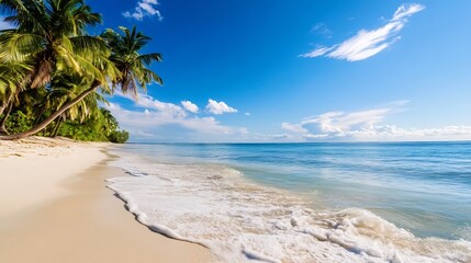 Poster - Tropical Beach Paradise with Palm Trees and Clear Blue Sky Perfect for Relaxation and Getaways : Generative AI
