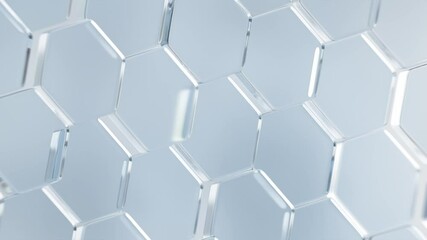 Poster - Glass hexagons abstract background. Bright hexagonal surface motion texture. Clean blank with copy space for scientific concept. Seamless loop.