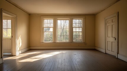Poster - Bright and Airy Abandoned Room with Large Windows and Natural Light : Generative AI