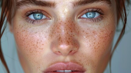 Wall Mural - Portrait showing a close-up of a woman with striking blue eyes and a delicate scattering of freckles across her face, conveying natural beauty and serene expression