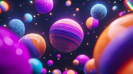 Wall Mural - Colorful spheres float in dark space; abstract background for design.