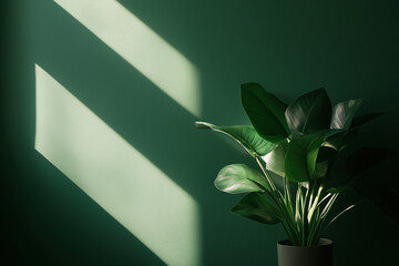 Poster - Light and shadow dance across a lush indoor plant against a vibrant green wall