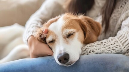 Poster - Adorable Dog Sleeping Comfortably on Owner's Lap with Cozy Atmosphere : Generative AI