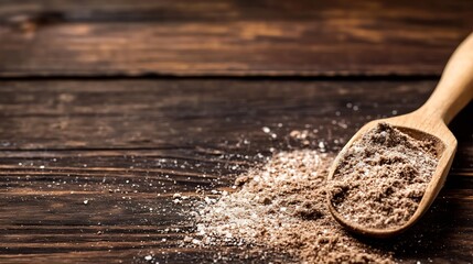 Poster - Natural Organic Spice Powder Poured on Wooden Table with Scoop : Generative AI