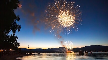 Leinwandbilder - Colorful fireworks lighting up the night sky over a serene lake reflecting a vibrant sunset : Generative AI
