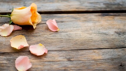 Poster - Soft Peach Rose Petals on Rustic Wooden Table Perfect for Romantic Themes and Nature Photography : Generative AI
