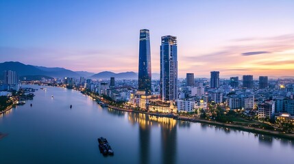 Poster - Stunning Cityscape at Dusk Featuring Modern Skyscrapers and Reflective Water in Vietnam : Generative AI