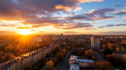 Poster - Stunning Autumn Sunset Over City Skyline with Cloudy Sky and Vibrant Colors : Generative AI