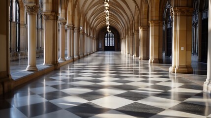 Aufkleber - Elegant Hallway with Checkerboard Floor and Arched Windows in Historical Building : Generative AI