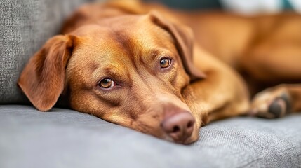 Poster - Resting Brown Dog Relaxing Comfortably on Cozy Couch : Generative AI