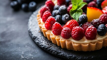 Poster - Delicious Fresh Fruit Tart Decorated with Raspberries and Mint Leaves : Generative AI