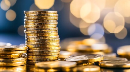 Poster - Stacks of Gleaming Gold Coins on a Glimmering Table with Bokeh Effect : Generative AI