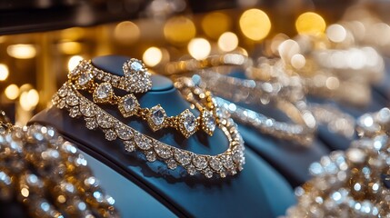 Poster - Elegant display of stunning gold jewelry and sparkling diamonds in a luxurious setting : Generative AI