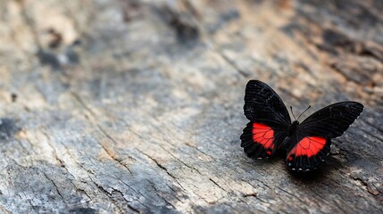 Aufkleber - Vivid red and black butterfly resting gracefully on weathered wood background in nature scene : Generative AI
