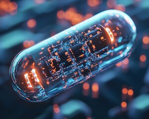 Poster - A futuristic view of a transparent capsule showcasing intricate circuitry and glowing elements, representing advanced technology and innovation in the field of science.