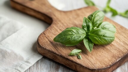 Aufkleber - Fresh Basil Leaves on Wooden Cutting Board for Culinary Use with Soft Linen Background : Generative AI