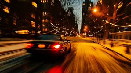 Poster - Dynamic Motion Blur of a Black Car Racing Down a City Street at Night with Lights : Generative AI