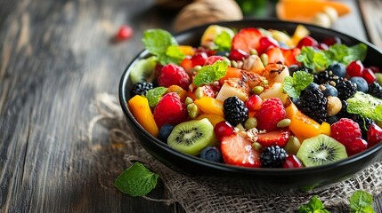 Poster - Vibrant Fresh Fruit Salad Displayed On Wooden Table Surrounded By Natural Light : Generative AI