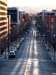 Aufkleber - Urban perspective of a clear street lined with parked cars and buildings reflecting golden sunlight during early morning hours : Generative AI