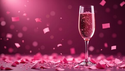 Wall Mural - Pink confetti swirls around a flute of champagne , confetti, bubble