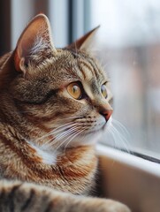 Poster - Close Up of a Domestic Cat Relaxing by the Window with Beautiful Golden Eyes Focused Outside : Generative AI