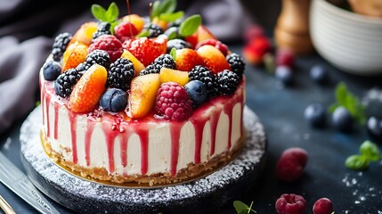 Poster - Delicious fruit topped cheesecake with dripping berry sauce and vibrant fresh berries for dessert : Generative AI