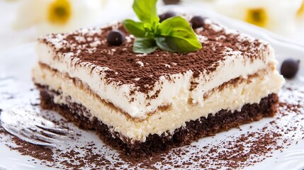 Aufkleber - Delicious Tiramisu Dessert with Layers of Cream and Cocoa Garnished with Mint Leaves : Generative AI