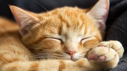 Poster - Adorable Ginger Cat Sleeping Peacefully on a Soft Blanket in a Cozy Environment : Generative AI