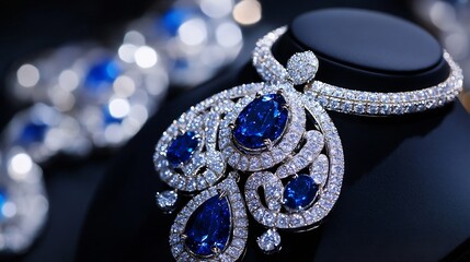 Poster - Stunning Sapphire Necklace with Sparkling Diamonds on Elegant Display : Generative AI