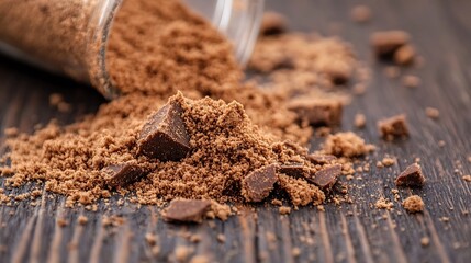 Poster - Rich Brown Sugar and Crushed Chocolate Spilled on a Rustic Wooden Surface for Delicious Baking and Cooking Ingredients : Generative AI