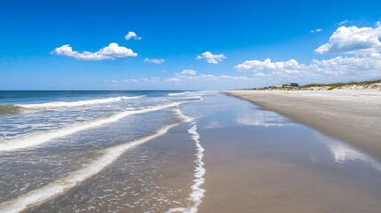 Poster - Serene Beach Landscape with Gentle Waves and Blue Sky : Generative AI
