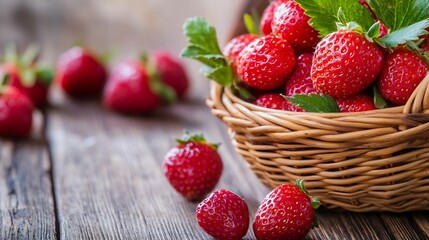 Poster - Freshly Picked Ripe Strawberries in a Basket Displayed on Rustic Wooden Table : Generative AI