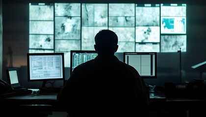 Poster - A silhouette of a person seated in front of multiple computer screens displaying data and surveillance footage, creating a high-tech atmosphere of monitoring and analysis.